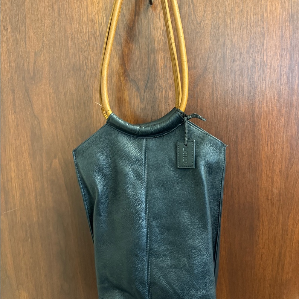 Latico Black Leather Shoulder Bag with Gold Handles
